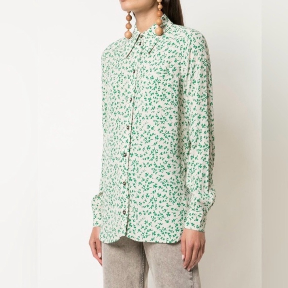 GANNI Womens Button Up Blouse Top EU Size 32/ US 0 Leaf Print Crepe Fabric